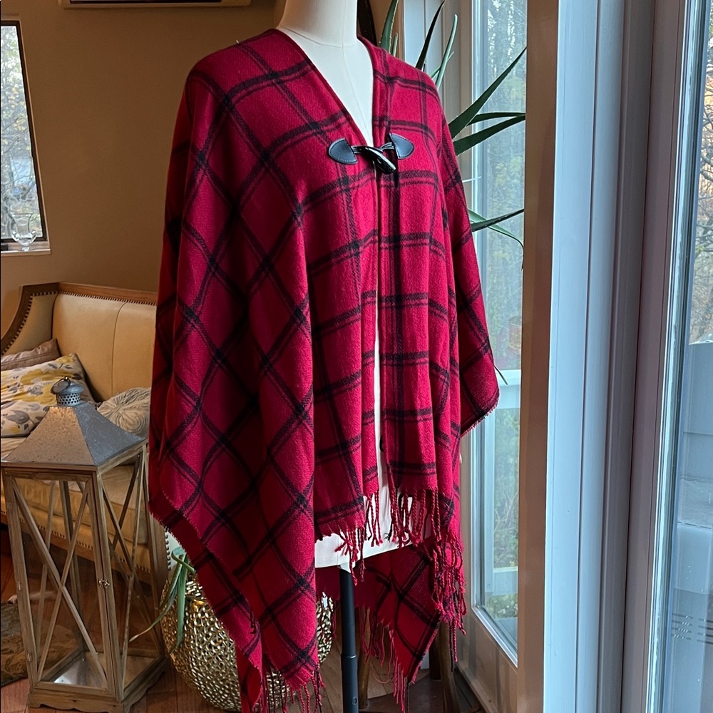 Chaps Red and Black Plaid Poncho